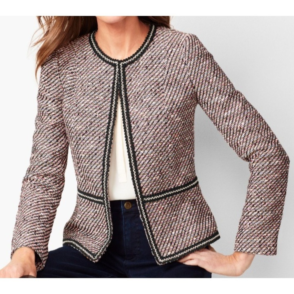 Talbots Grosgrain Trim Tweed Jacket Blazer Women's 6 Black Pink Work or Play